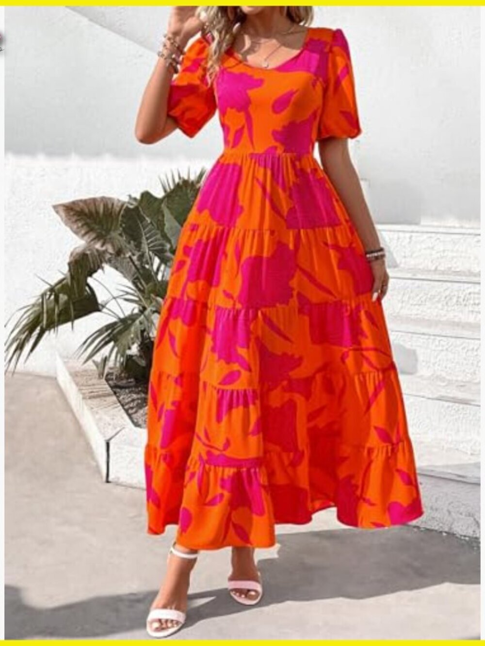 Floral Maxi Dress Puff Sleeve Tiered Hem Smocked Top Wedding Guest Elegant - Picture 4 of 7